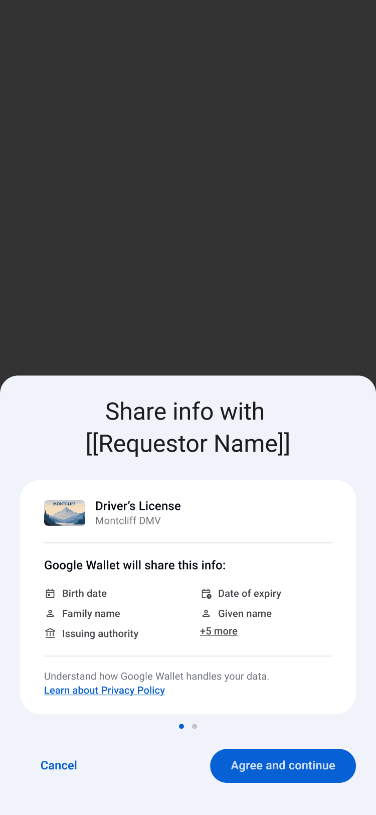 Android system credential selector showing the credential and the information to be shared